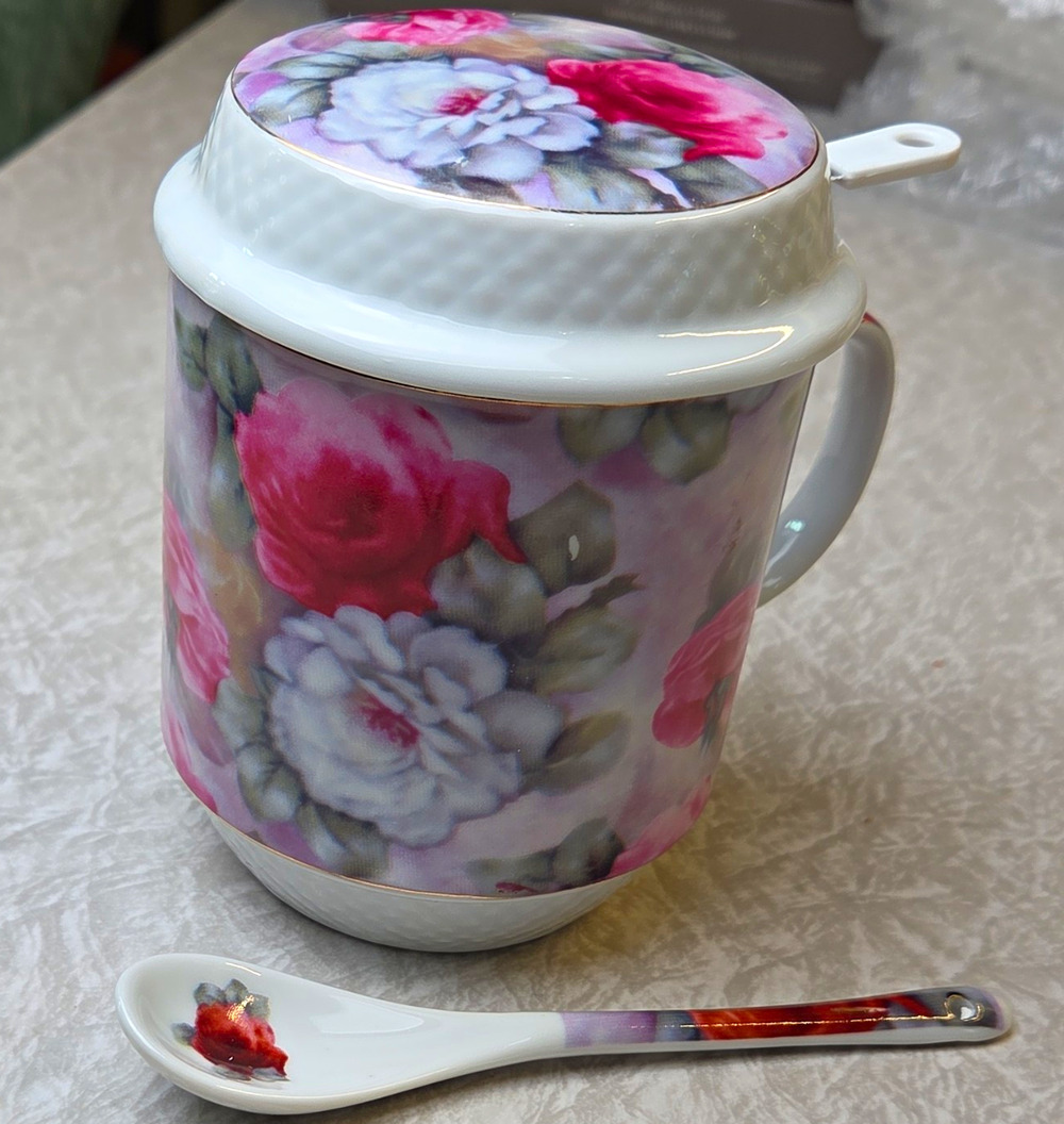 Porcelain Treasures Floral Porcelain Tea Mug Set 12 oz w/ Lid Infuser Spoon